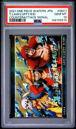 2021 ONE PIECE WAFERS JPN COUNTERATTACK SIGNAL KID/LUFFY/TRAFALGAR LAW PSA 10 - Image 1