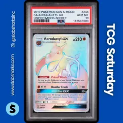 2019 POKEMON SUN & MOON UNIFIED MINDS #244/236 AERODACTYL GX SECRET RARE PSA 10 - Image 1