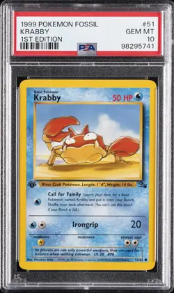 1999 POKEMON FOSSIL 1ST EDITION #51 KRABBY PSA 10 - Image 1