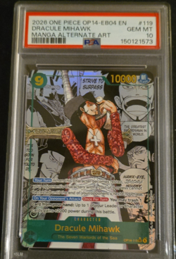 One Piece Dracule Mihawk OP14-119 Secret Rare Foil Alt Art PSA 10 10000 Power - Image 1