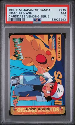 1999 POKEMON JAPANESE BANDAI CARDDASS VENDING SERIES 6 #215 PIKACHU & ASH PSA 7 - Image 1