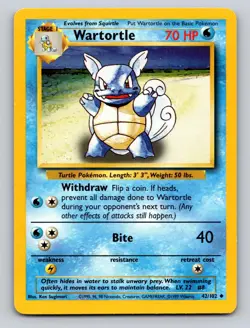 Wartortle 42/102 Uncommon Base Set Unlimited Pokemon HP - Image 1