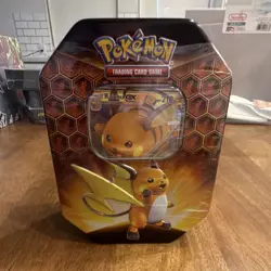 Pokemon TCG Hidden Fates Raichu-GX Sealed Tin Box 49 Cards 2019 - Image 1