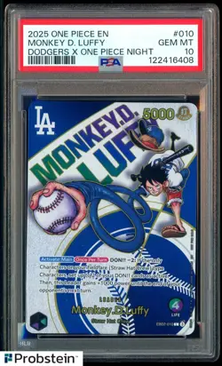 2025 ONE PIECE PROMOS DODGERS X ONE PIECE NIGHT #010 MONKEY D. LUFFY PSA 10 - Image 1