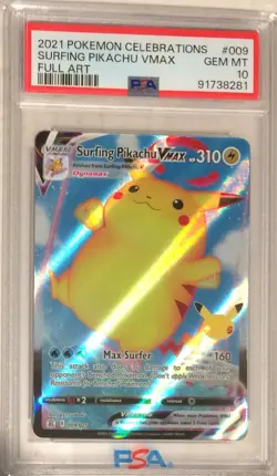 2021 Pokemon SWSH Celebrations PSA 10 Surfing Pikachu VMAX FULL ART Holo #009 - Image 1