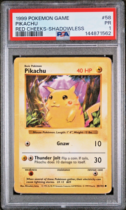 PSA 1 PR 1999 SHADOWLESS Base Set Pikachu Red Cheeks 58/102 Pokemon Vintage - Image 1