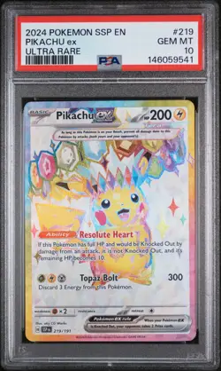 2024 POKEMON SSP EN-SURGING SPARKS ULTRA RARE #219 PIKACHU EX PSA 10 - Image 1