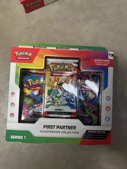 Pokemon TCG First Partner Illustration Collection Series 1 3 Promo + 2 Packs - Image 1