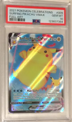 2021 Pokemon SWSH Celebrations PSA 10 Surfing Pikachu VMAX FULL ART Holo #009 - Image 1