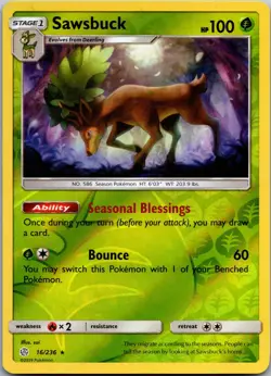 Sawsbuck 16/236 Holo Rare Cosmic Eclipse Pokemon Reverse Holo Near Mint - Image 1