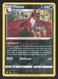 Thievul 105/203 Reverse Holo Rare Pokemon Evolving Skies NM/VLP - Image 1