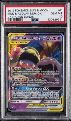 2019 POKEMON SUN & MOON UNBROKEN BONDS #61 MUK & ALOLAN MUK GX PSA 10 - Image 1