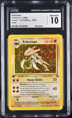 CGC 10 Gem Mint 1999 Kabutops Pokemon Fossil 1st Edition 9/62 Holo Rare - Image 1