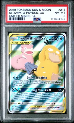 2019 POKEMON UNIFIED MINDS SLOWPOKE & PSYDUCK GX #218 PSA 8 NM #111604132 - Image 1