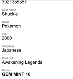 2001 POKEMON NEO REVELATION JPN #213 SHUCKLE CGC 9.5 (CGC 10) Gem Mint - Image 3
