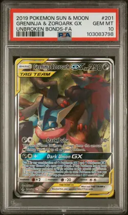 2019 Pokemon Unbroken Bonds Greninja & Zoroark Gx 201/214 Sun & Moon PSA 10 - Image 1