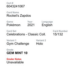 Pokemon Rocket's Zapdos 15/132 CGC Gem Mint 10 Celebrations Classic 2021 - Image 3