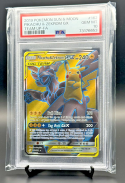 2019 POKEMON SUN & MOON TEAM UP #162 FULL ART/PIKACHU & ZEKROM GX PSA 10 - Image 1