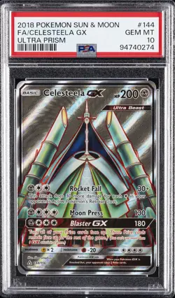 2018 POKEMON SUN & MOON ULTRA PRISM #144 FULL ART/CELESTEELA GX PSA 10 - Image 1