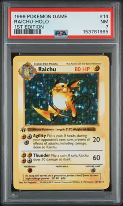PSA 7 RAICHU #14 1999 POKEMON BASE SET 1ST EDITION SHADOWLESS HOLO - Image 1