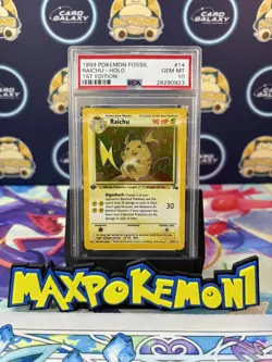 1999 POKEMON FOSSIL 1ST ED #14 RAICHU-HOLO PSA 10 - Image 1