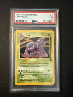 Muk 13/62 Fossil Holo Rare Pokemon Card WOTC Unlimited Vintage 1999 PSA 3 VG - Image 1