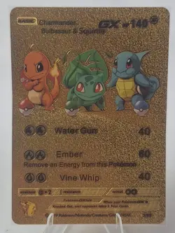 LIMITED POKEMON CHARMANDER, SQUIRTLE & BULBASAUR GX GOLD Foil Fan Art CARD - Image 1