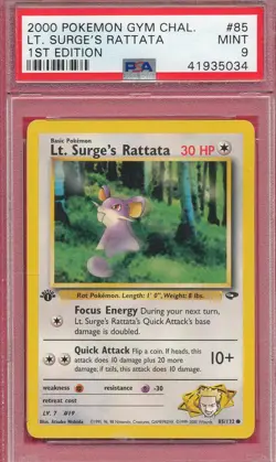 PSA 9 MINT LT SURGE's RATTATA 1st EDITION 2000 POKEMON GYM CHAL #85 GRADED TPHLC - Image 1
