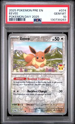 2025 POKEMON PRE EN-PRISMATIC EVOLUTIONS POKEMON DAY 2025 #074 EEVEE PSA 10 - Image 1
