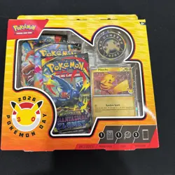 Pokemon Day 2026 Collection Box Pikachu Promo Card Coin 3 Booster Packs - Image 1