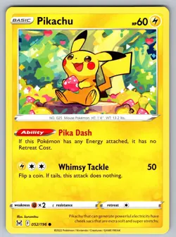 Pikachu 052/196 Common Lost Origin Pokemon Near Mint - Image 1