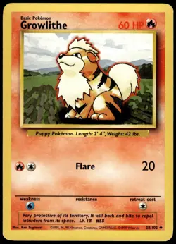 Growlithe 28/102 Base Set Unlimited Uncommon MP Pokemon 1999 - Image 1