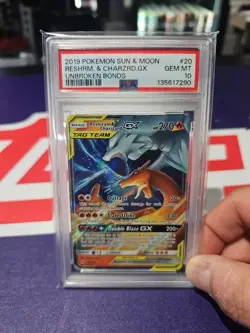 2019 POKEMON SUN & MOON UNBROKEN BONDS #20 RESHIRAM & CHARIZARD GX PSA 10 - Image 1