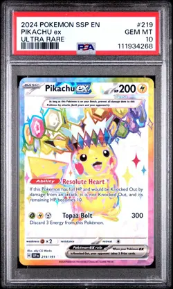 PSA 10 2024 POKEMON SSP EN-SURGING SPARKS #219 PIKACHU ex ULTRA RARE - Image 1