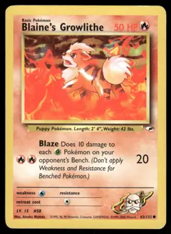 Pokemon Cards Blaine's Growlithe 62/132 Gym Heroes Common LP - Image 1