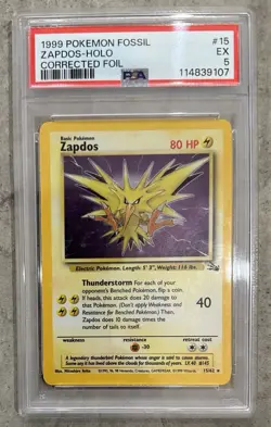 Pokemon Zapdos Fossil Unlimited Holo Rare #15 Corrected Foil PSA 5 - Image 1