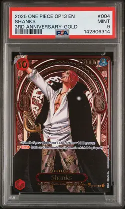 2025 ONE PIECE OP13-CARRYING ON HIS WILL 3RD ANNIVERSARY-GOLD #004 SHANKS PSA 9 - Image 1