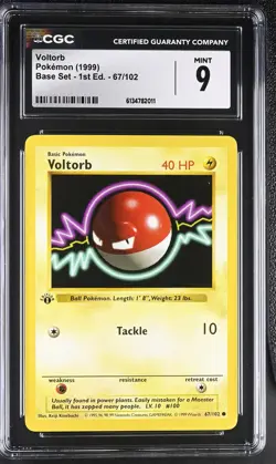 CGC 9 MINT Voltorb 67/102 Base Set 1st Edition Shadowless Pokemon Card - Image 1