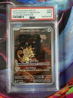 2025 POKEMON DESTINED RIVALS ILLUSTRATION RARE #203 TEAM ROCKET'S MEOWTH PSA 9 - Image 1