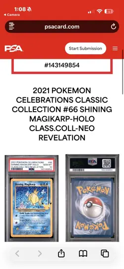 Pokemon PSA 10 GEM Shining Magikarp 66/64 Celebrations Classic Collection S#0086 - Image 3