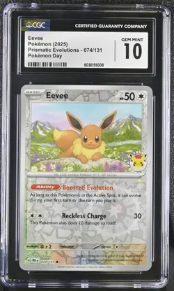 POKEMON DAY 2025 CGC 10 GEM MINT EEVEE REVERSE HOLO #074 PRISMATIC EVOLUTIONS - Image 1