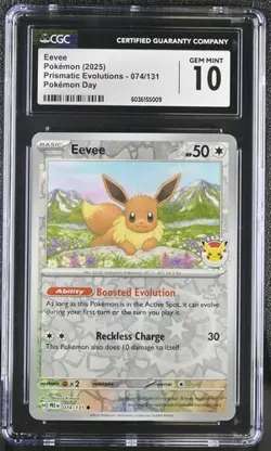 POKEMON DAY 2025 CGC 10 GEM MINT EEVEE REVERSE HOLO #074 PRISMATIC EVOLUTIONS - Image 3