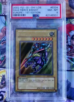 PSA 8 YuGiOh Gaia the Fierce Knight LOB-E004 1st Edition Ultra Rare Card 2002 - Image 1