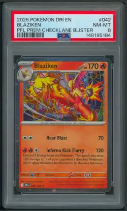 Pokemon SV Destined Rivals Blaziken Cosmos Holo Blister Promo 042/182 PSA 8 - Image 1
