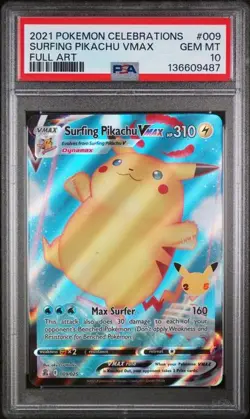 Pokemon Celebrations Surfing Pikachu VMAX PSA 10 Gem Mint Holo Rare Card 009/025 - Image 1