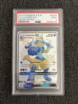 PSA 9 Lucario GX SV64/SV94 Sun & Moon Hidden Fates Shiny Pokemon - Image 1