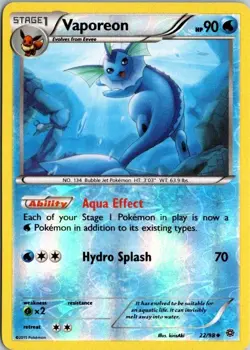 2015 Pokemon TCG VAPOREON #22/98 XY Ancient Origins (AOR) REVERSE HOLO Uncommon - Image 1
