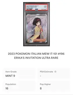 POKEMON PSA 9 TRAINER ERIKA’S INVITATION ULTRA RARE 196/165 SET 151 ITALIANO! - Image 4