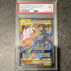 Pokemon 2019 Cosmic Eclipse Reshiram & Zekrom GX TAG TEAM Holo PSA 9 #157 - Image 1