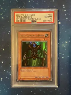 Yu-Gi-Oh 2002 Man-Eater Bug SUPER RARE LOB-P059 1st Edition 1. PSA 10 Portuguese - Image 1
